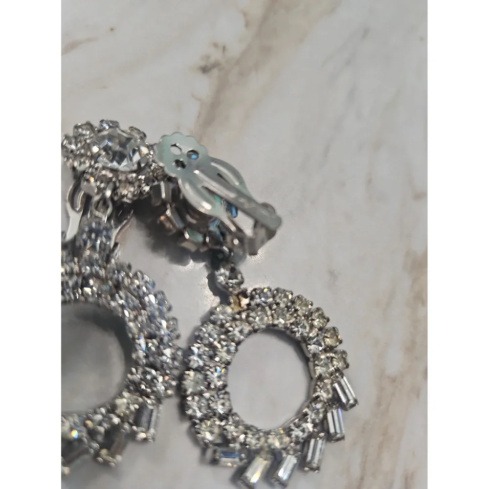 Judy Lee Crystal Clip On Earrings Baguette Rhinestone Silver Tone Dangle Signed